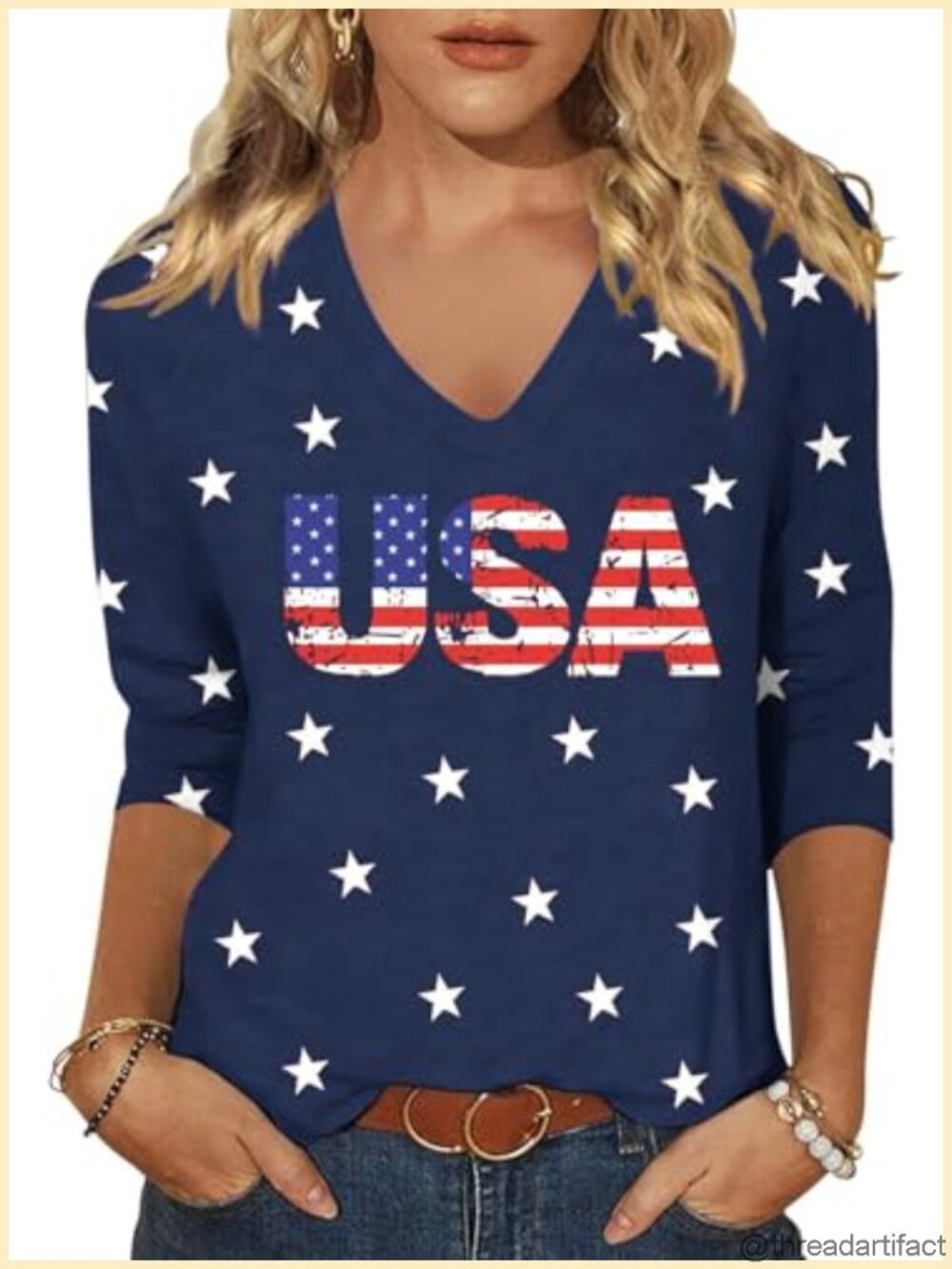 Womens 3/4 Sleeve V Neck American Flag Star Graphic Tee